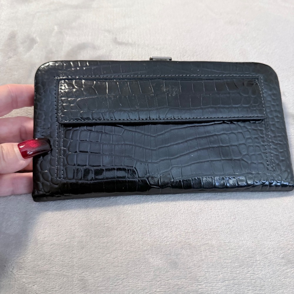 Vintage Lodis Blue Black Croc Embossed Leather Frame Wallet Clutch